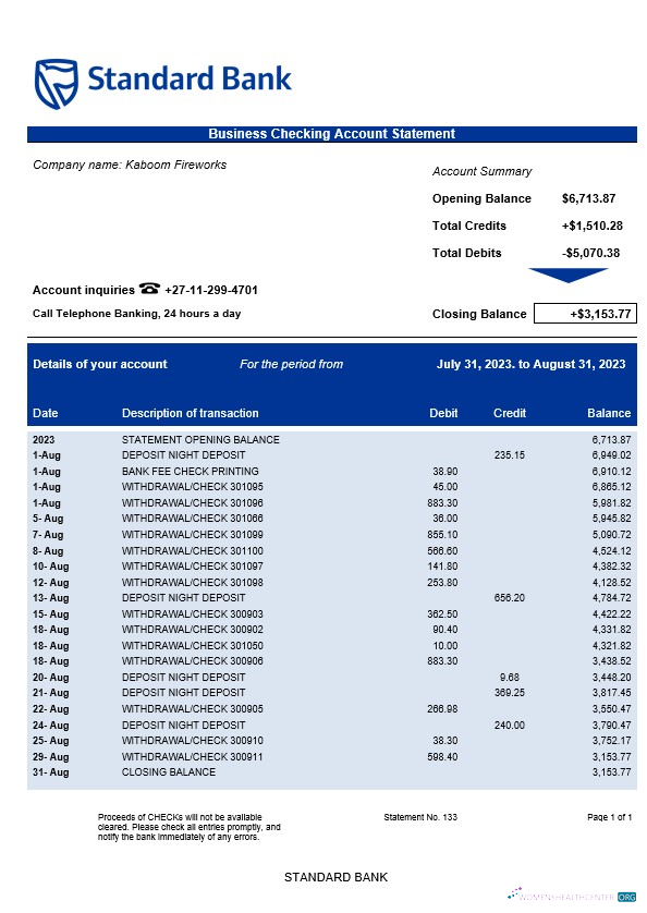 Download Standard Bank organization statement Word and PDF template Photoshop template